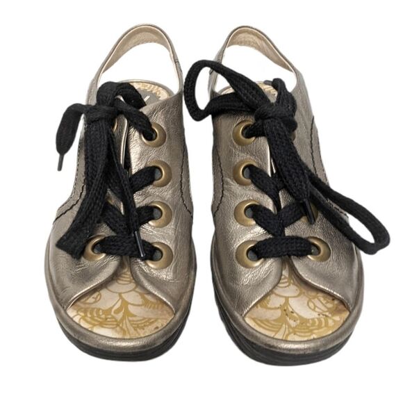 FLY LONDON Ylva Metallic Leather Wedge Sandals 38 - Picture 3 of 13